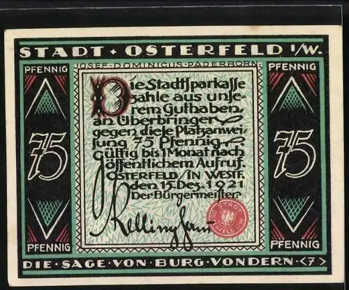 Notgeld Osterfeld 1921, 75 Pfennig, Die Sage von Burg Vondern, Stadtparkasse Ausgabe