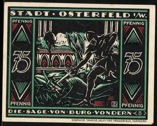 Notgeld Osterfeld 1921, 75 Pfennig, Die Sage von Burg Vondern, Ritter kämpft gegen Drachen, grün-schwarz-rot