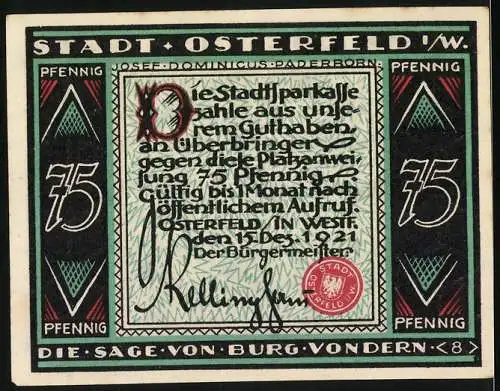 Notgeld Osterfeld 1921, 75 Pfennig, Die Sage von Burg Vondern, Ritter kämpft gegen Drachen, grün-schwarz-rot