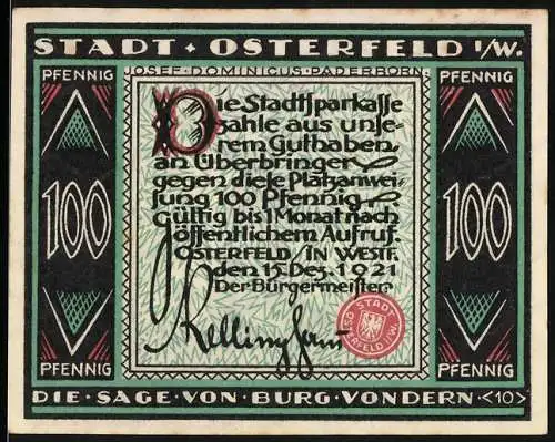 Notgeld Osterfeld 1921, 100 Pfennig, Die Sage von Burg Vondern, Josef Dominicus, Paderborn