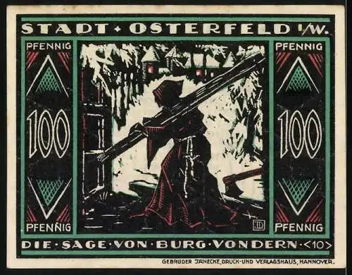 Notgeld Osterfeld 1921, 100 Pfennig, Die Sage von Burg Vondern, Josef Dominicus, Paderborn