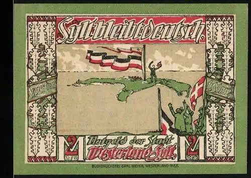 Notgeld Westerland - Sylt, 1920, Zwei Mark, Sylt bleibt deutsch, Wappen und Leuchtturm, KN 345 Dreistellig