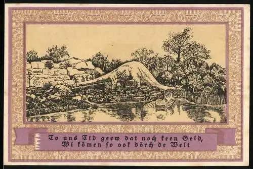 Notgeld Stellingen, 1920, 2 Mark, Dinosaurier-Motive, lilafarben mit Landschaften und Texten in Plattdeutsch