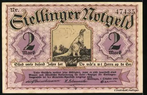 Notgeld Stellingen, 1920, 2 Mark, Dinosaurier-Motive, lilafarben mit Landschaften und Texten in Plattdeutsch
