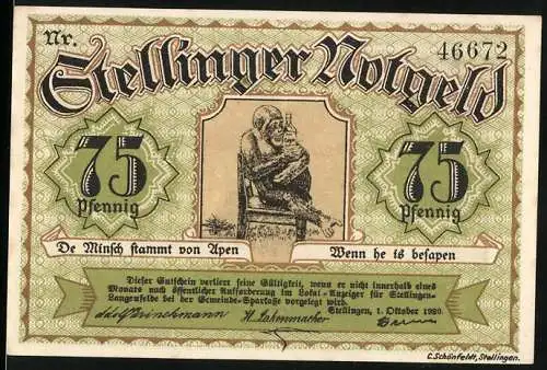 Notgeld Stellingen 1920, 75 Pfennig, grüne Note mit Mensch und Affe, Rückseite Löwengrube
