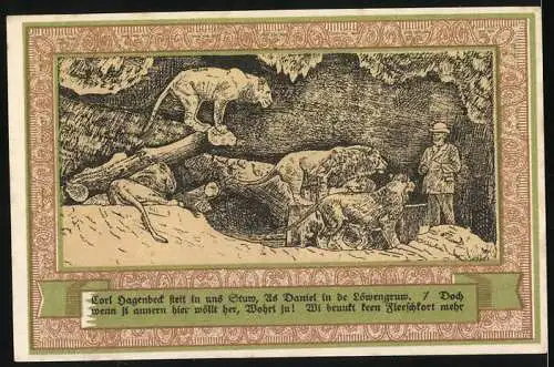 Notgeld Stellingen 1920, 75 Pfennig, grüne Note mit Mensch und Affe, Rückseite Löwengrube