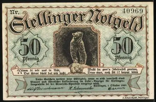 Notgeld Stellingen, 1920, 50 Pfennig, Vorderseite Eule und Inschrift, Rückseite sitzender Mann