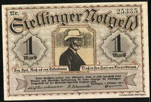 Notgeld Stellingen, 1920, 1 Mark, Tierpark-Illustration und Porträt eines Mannes mit Hut