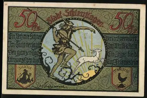 Notgeld Schleusingen, 50 Pfennig, Illustration von Turm und Jäger mit Hund, Stadtwappen, Text Im Thüringerwalde