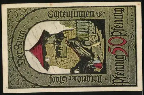 Notgeld Schleusingen, 50 Pfennig, Illustration von Turm und Jäger mit Hund, Stadtwappen, Text Im Thüringerwalde