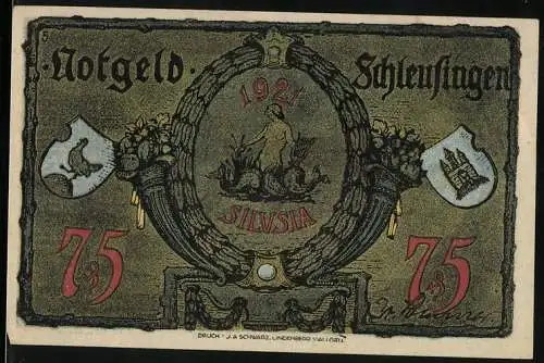 Notgeld Schleusingen, 1921, 75 Pfennig, Silvisia-Motiv und Statue auf der Rückseite