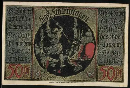 Notgeld Schleusingen, 50 Pfennig, historische Szene mit Ritter und Stadtszene Das Pförtchen