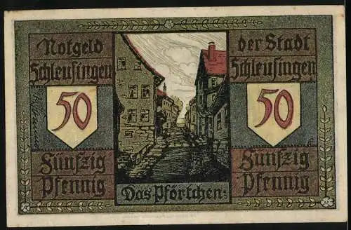 Notgeld Schleusingen, 50 Pfennig, historische Szene mit Ritter und Stadtszene Das Pförtchen