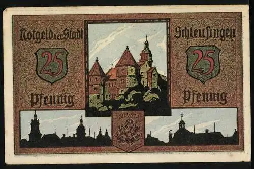 Notgeld Schleusingen, 1921, 25 Pfennig, Stadtwappen und Schlossansicht