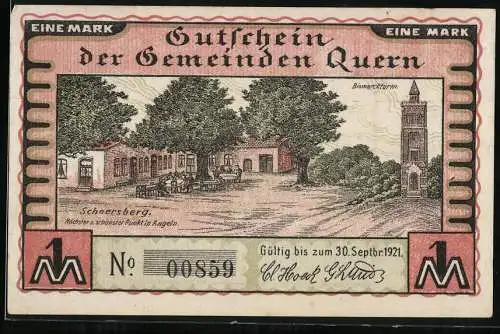 Notgeld Quern, 1921, 1 Mark, Scheersberg und Bismarckturm, gültig bis 30. Sept. 1921