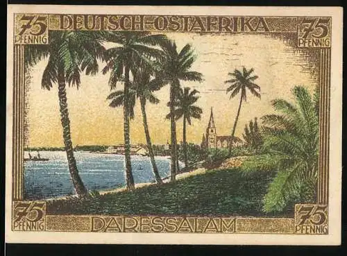 Notgeld Berlin 1921, 75 Pfennig, Daressalam, Kolonie Deutsch-Ostafrika Landschaft, Deutscher Kolonialgedenktag