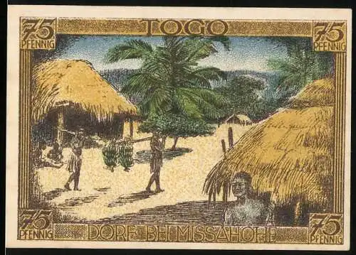 Notgeld Berlin 1921, 75 Pfennig, Togo Dorf-Szene mit strohgedeckten Hütten und Palmen, Kolonialgedenktag