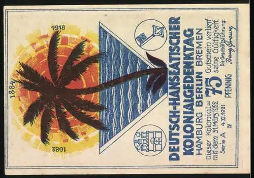 Notgeld Berlin 1921, 75 Pfennig, Togo Dorf-Szene mit strohgedeckten Hütten und Palmen, Kolonialgedenktag