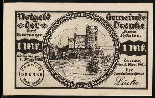 Notgeld Drenke 1921, 1 Mark, Burg und Fachwerkhäuser mit Gedicht