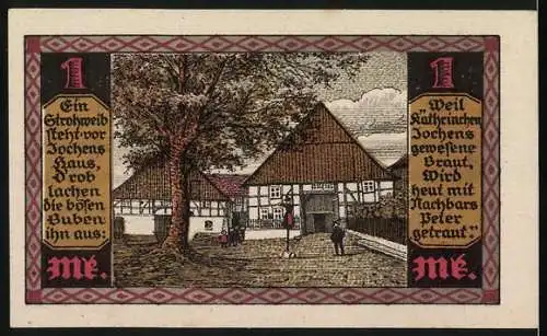 Notgeld Drenke 1921, 1 Mark, Burg und Fachwerkhäuser mit Gedicht