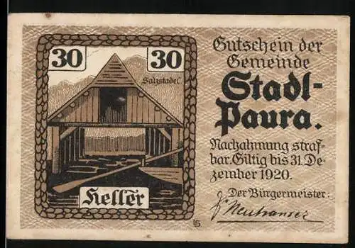 Notgeld Stadl-Paura, 1920, 30 Heller, Gutschein der Gemeinde mit Salzstadel Motiv, gültig bis 31. Dezember 1920