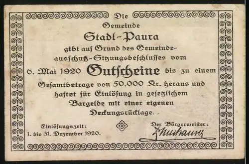 Notgeld Stadl-Paura, 1920, 30 Heller, Gutschein der Gemeinde mit Salzstadel Motiv, gültig bis 31. Dezember 1920