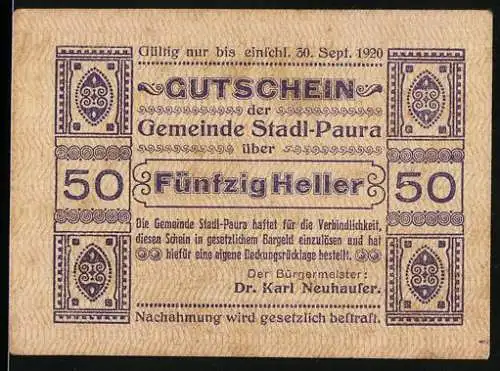 Notgeld Stadl-Paura 1920, 50 Heller, Gutschein der Gemeinde Stadl-Paura über Fünfzig Heller, gültig bis 30. Sept.