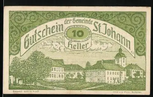 Notgeld St. Johann 1920, 10 Heller, grüne Gestaltung mit Gebäudeansicht und Garantietext