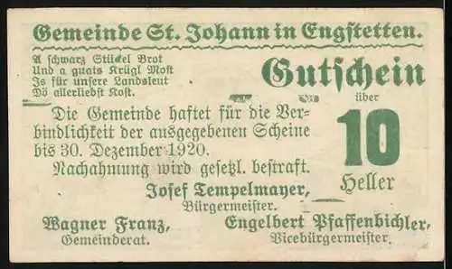 Notgeld St. Johann 1920, 10 Heller, grüne Gestaltung mit Gebäudeansicht und Garantietext