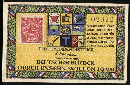 Notgeld Holnis 1920, Gutschein der Gemeinde, Deutsch geblieben durch unseren Willen 1920