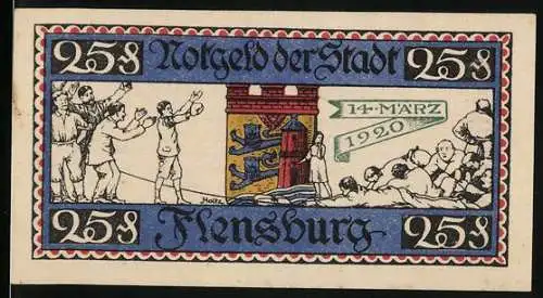 Notgeld Flensburg, 1920, 25 Pfennig, Illustration von Menschen und Stadtwappen, Rückseite mit Text und Seriennummer