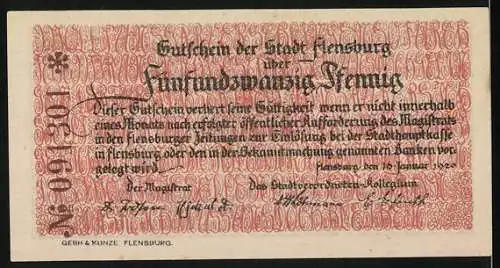 Notgeld Flensburg, 1920, 25 Pfennig, Illustration von Menschen und Stadtwappen, Rückseite mit Text und Seriennummer