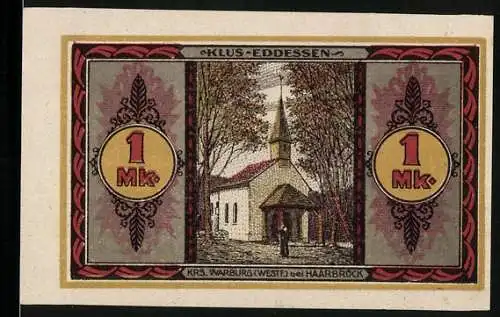 Notgeld Haarbrück 1921, 1 Mark, Klus-Eddessen, Kirche mit Bäumen und Frater Petrus Eremit