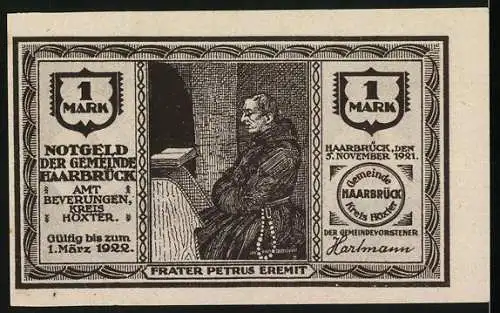 Notgeld Haarbrück 1921, 1 Mark, Klus-Eddessen, Kirche mit Bäumen und Frater Petrus Eremit