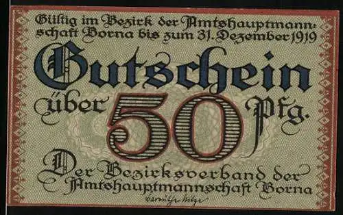 Notgeld Borna, 1919, 50 Pfennig, Gutschein über 50 Pfennig mit Abbildung einer Burg, Reihe K