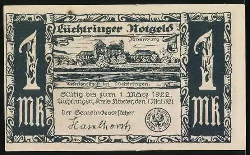 Notgeld Lüchtringen 1921, 1 Mark, Frauen liefern Zehnten vor Schloss Corvey ab / Landschaft und Burg, gültig bis 1922