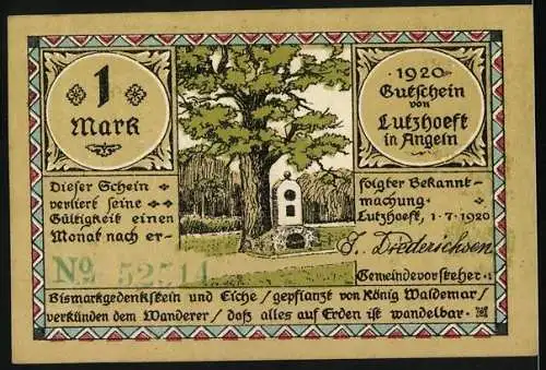 Notgeld Lutzhöft in Angeln 1920, 1 Mark, mit Bismarckgedenkstein und Karte der Region