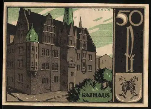 Notgeld Saalfeld 1921, 50 Pf, Rathaus und Wappen mit Fischen