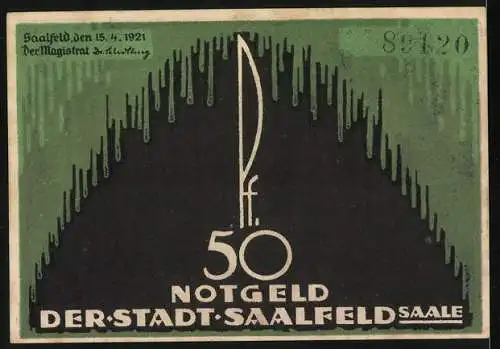 Notgeld Saalfeld 1921, 50 Pf, Rathaus und Wappen mit Fischen