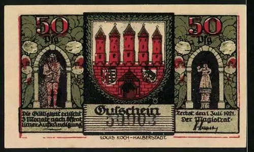 Notgeld Zerbst 1921, 50 Pf, Vorburgtor und Stadtsiegel, Gültigkeit 3 Monate