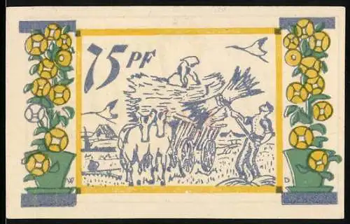 Notgeld Seeth-Eekholt, 1921, 75 Pfennig, bäuerliche Szene mit Pferdewagen und Blumenmotiven