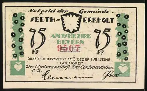 Notgeld Seeth-Eekholt, 1921, 75 Pfennig, bäuerliche Szene mit Pferdewagen und Blumenmotiven