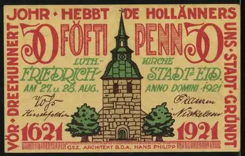 Notgeld Friedrichstadt-Eid, 1921, 50 Pfennig, Lutherkirche und historische Gebäude