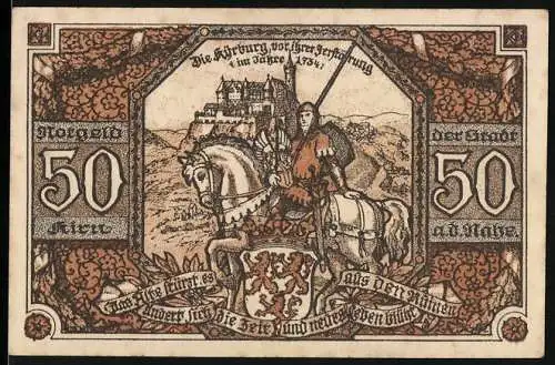 Notgeld Kirn an der Nahe, 1921, 50 Pfennig, Darstellung der Burg und Ritter zu Pferd