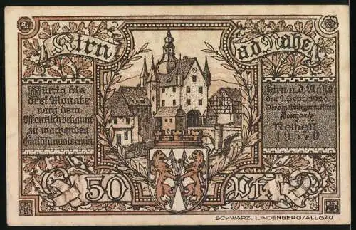 Notgeld Kirn an der Nahe, 1921, 50 Pfennig, Darstellung der Burg und Ritter zu Pferd