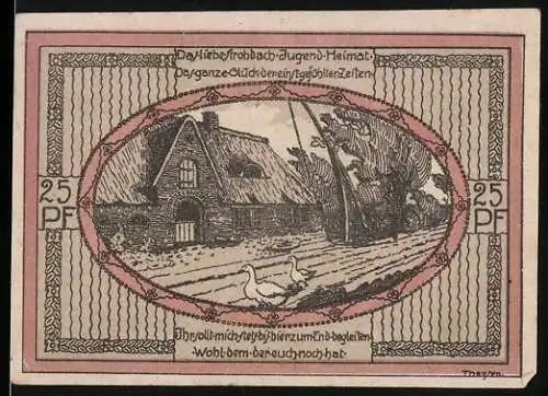 Notgeld Stedesand 1920, 25 Pf, Gebäude mit Gänsen und Wappen, Texte zur Gültigkeit und Heimatliebe