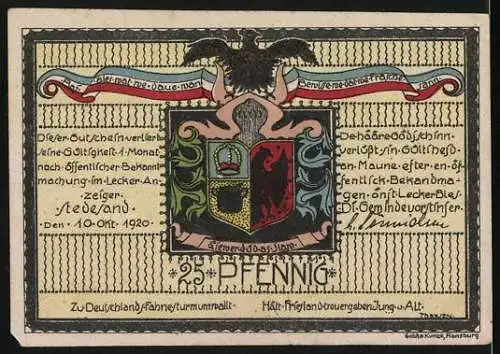 Notgeld Stedesand 1920, 25 Pf, Gebäude mit Gänsen und Wappen, Texte zur Gültigkeit und Heimatliebe