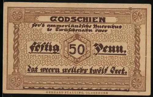 Notgeld Ammerland, 50 Pfennig, Gutschein mit Fachwerkhaus und Baumillustration