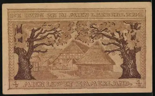 Notgeld Ammerland, 50 Pfennig, Gutschein mit Fachwerkhaus und Baumillustration