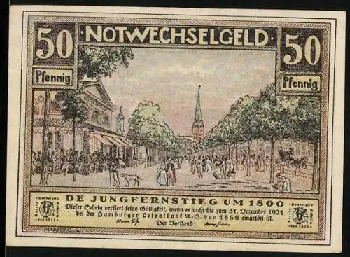 Notgeld Hamburg 1921, 50 Pfennig, Jungfernstieg um 1800 und Hamburger Bürgerwehr um 1660